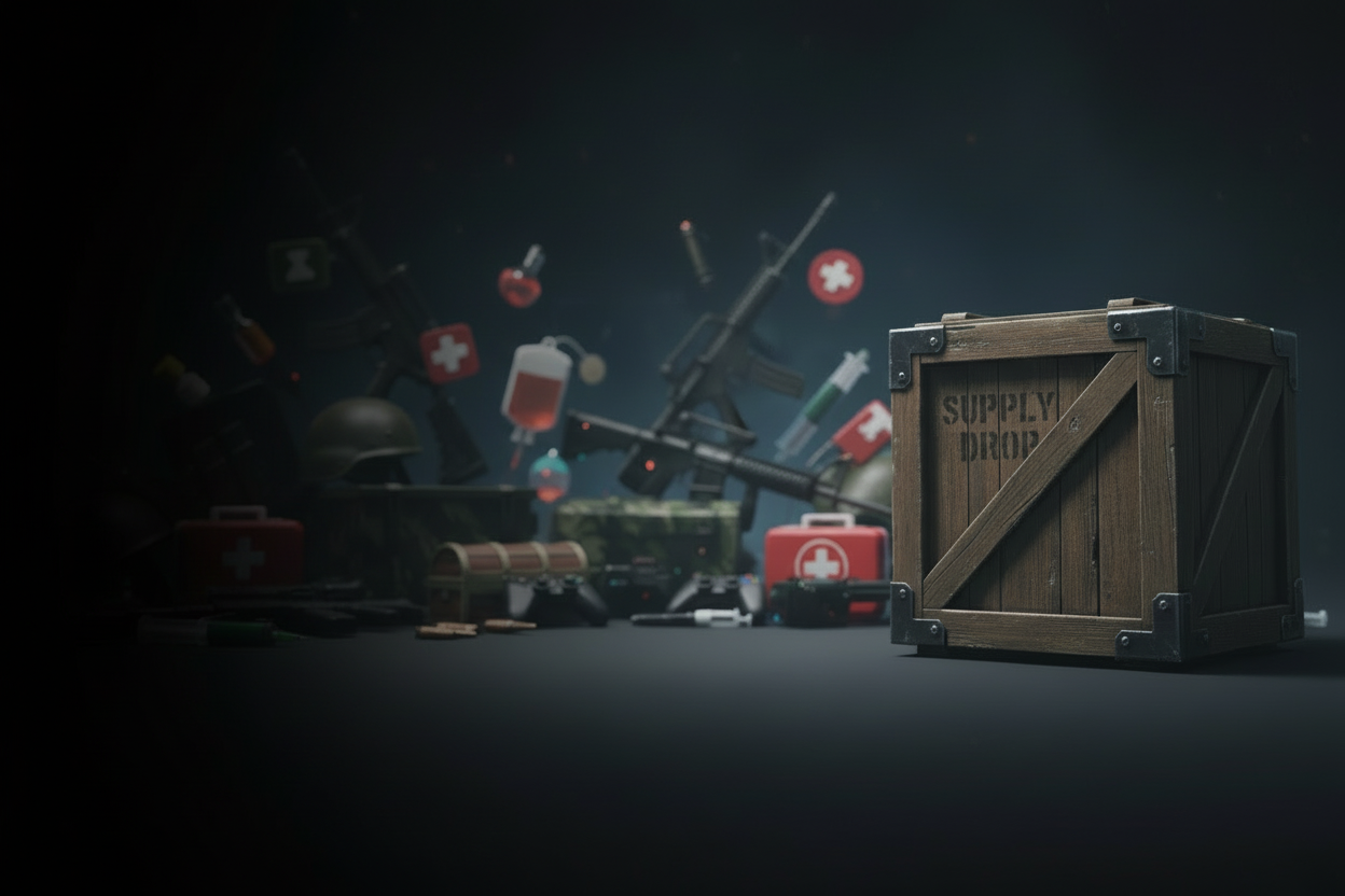 The background must be other random 3d models from war, medical, games, but be out of focus. also this must be a banner image